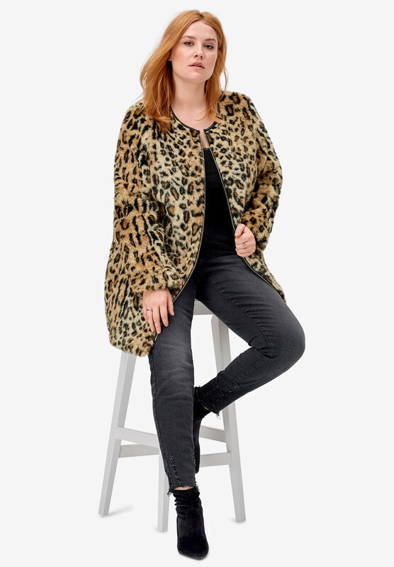 ellos Womens Plus Size Leopard Print Faux Fur Coat